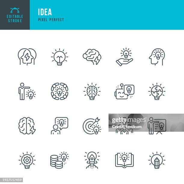 ilustraciones, imágenes clip art, dibujos animados e iconos de stock de idea - conjunto de iconos lineales vectoriales. píxel perfecto. trazo editable. el set incluye una bombilla, una idea, un cerebro humano, creatividad, inteligencia, lluvia de ideas, cohete, trabajo en equipo, ideas financieras, idea creativa, trabajo en e - ideas