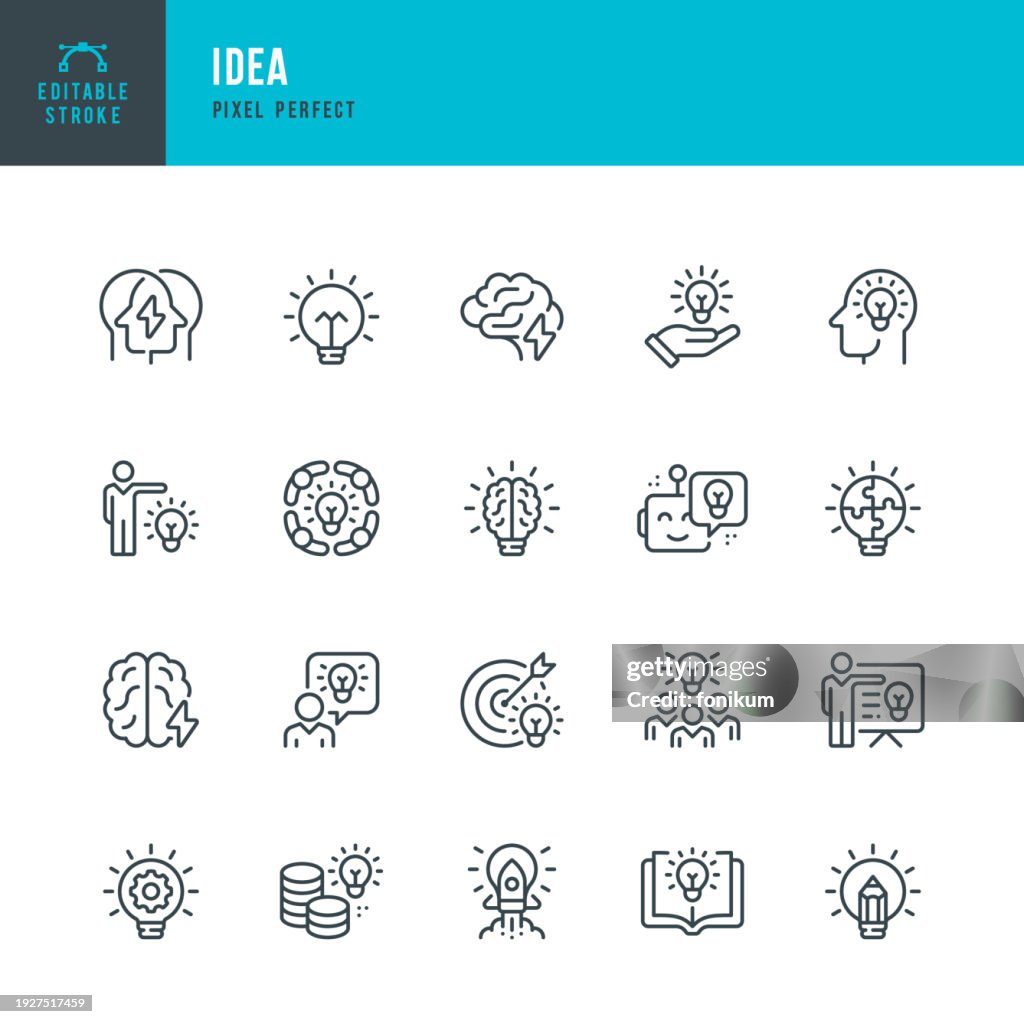 IDEA - set of vector linear icons. Pixel perfect. Editable stroke. The set includes a Light Bulb, Idea, Human Brain, Creativity, Intelligence, Brainstorming, Rocketship, Teamwork, Financial Ideas, Creative Idea, Teamwork, Presentation.