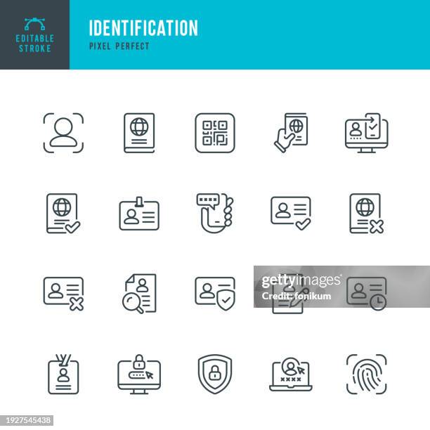 ilustraciones, imágenes clip art, dibujos animados e iconos de stock de identificación: conjunto de iconos lineales vectoriales. píxel perfecto. trazo editable. el conjunto incluye un pasaporte, licencia de conducir, tarjeta de identificación, credencial, sistema de seguridad, biometría, escáner de huellas dactilares, ver - tarjetas