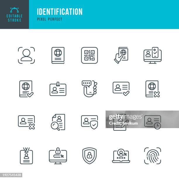 ilustraciones, imágenes clip art, dibujos animados e iconos de stock de identificación: conjunto de iconos lineales vectoriales. píxel perfecto. trazo editable. el conjunto incluye un pasaporte, licencia de conducir, tarjeta de identificación, credencial, sistema de seguridad, biometría, escáner de huellas dactilares, ver - block form