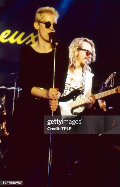 Photo of New Wave and Pop musicians Annie Lennox and Dave Stewart, both of the duo Eurythmics, perform onstage at the Montreux Rock Festival,...