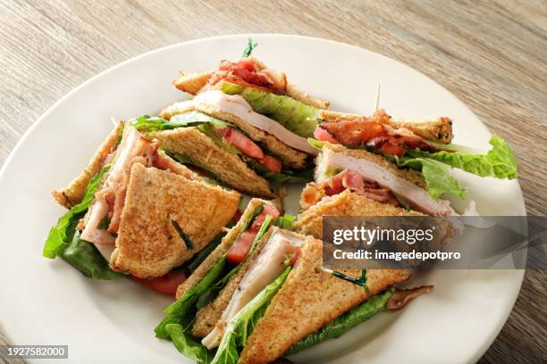 sándwich de tocino, lechuga, tomate y pavo en plato - bocadillo de beicon lechuga y tomate fotografías e imágenes de stock