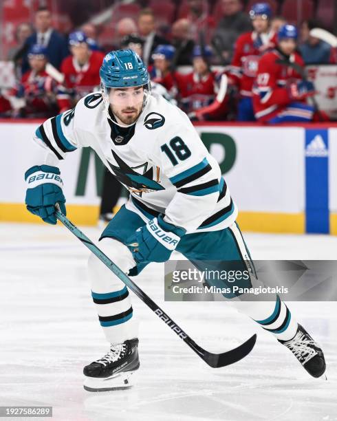 Filip Zadina of the San Jose Sharks skates during the first period against the Montreal Canadiens at the Bell Centre on January 11, 2024 in Montreal,...