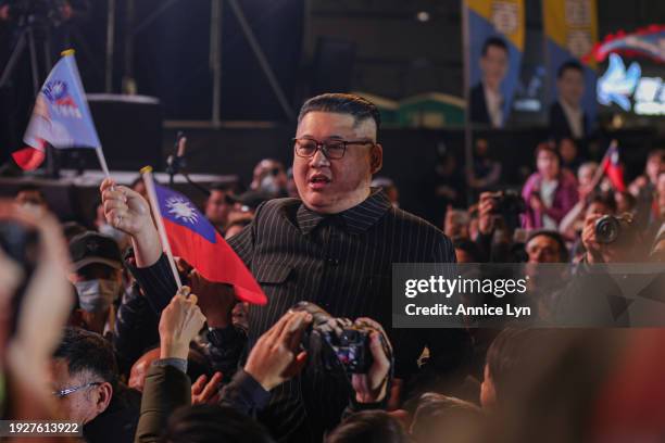 Kim Jong Un impersonator is seen at the Kuomintang campaign rally on the eve of the general election on January 12 in Taipei, Taiwan. Hou Yu-ih...