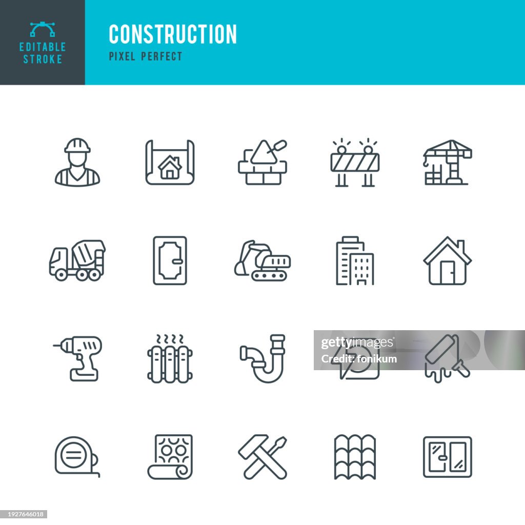Construction - set of vector linear icons. Pixel perfect. Editable stroke. The set includes a Construction, Construction Worker, Crane, Backhoe, Cement Truck, Residential Building, Work Tool, Drill, Radiator, Door, Window, Water Pipe, Roof Tile, House, Br
