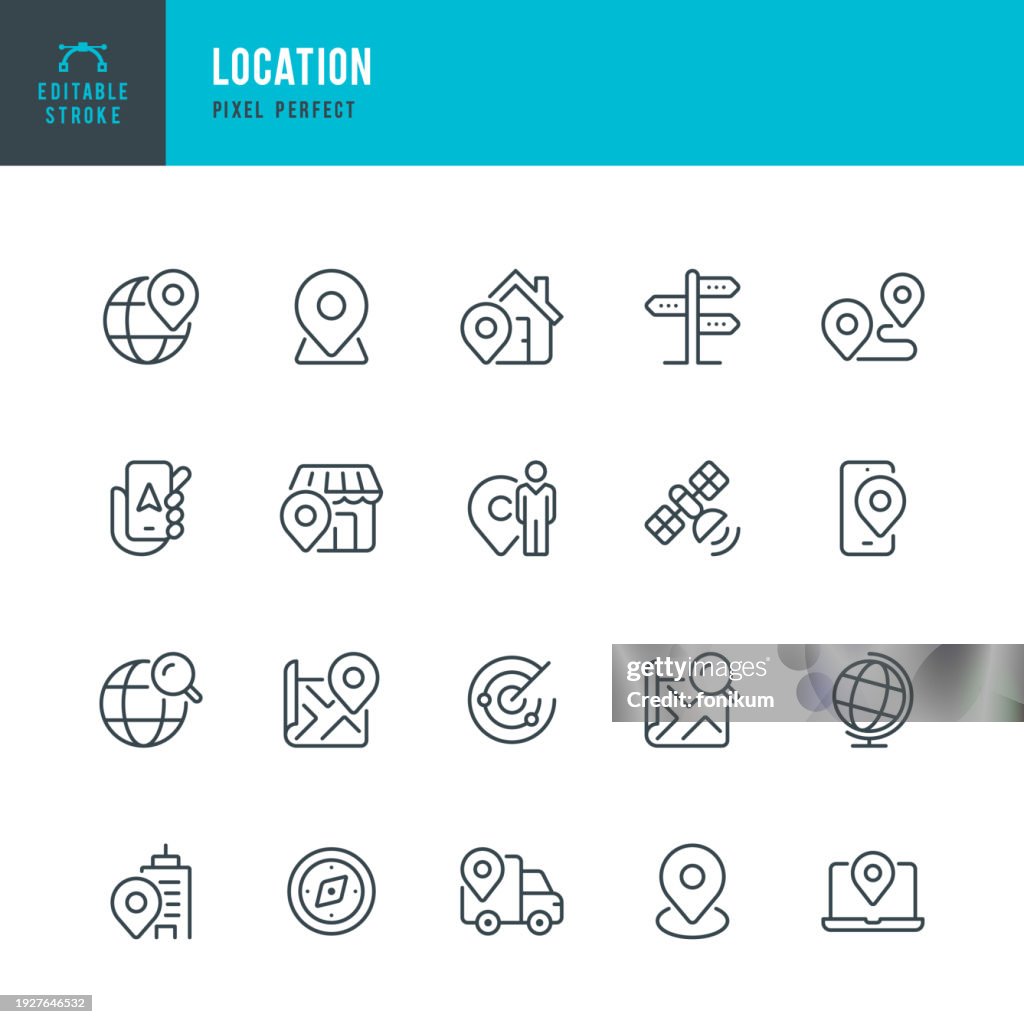 Location - set of vector linear icons. Pixel perfect. Editable stroke. The set includes a Location, Compass, Map Pin Icon, Map, Travel Destination, Mobile Phone, Directional Sign, Globe, Delivery Van, Position, Route Search, Satellite, Famous Place.