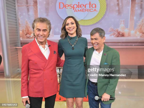 Jose Luis Rodriguez, Satcha Pretto and Alvaro Torres visits Despierta America morning show at Univision Studios on January 10, 2024 in Doral, Florida.