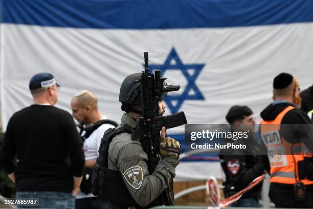 Israeli security forces are inspecting the scene of a terror attack in Raanana, Israel, on January 15, 2024. An Israeli woman has been killed and at...