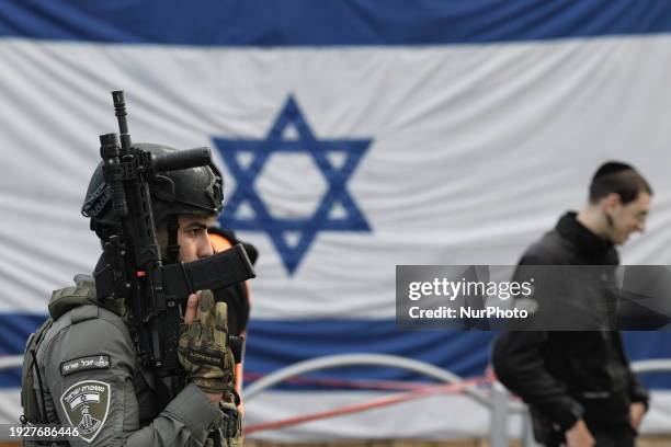 Israeli security forces are inspecting the scene of a terror attack in Raanana, Israel, on January 15, 2024. An Israeli woman has been killed and at...