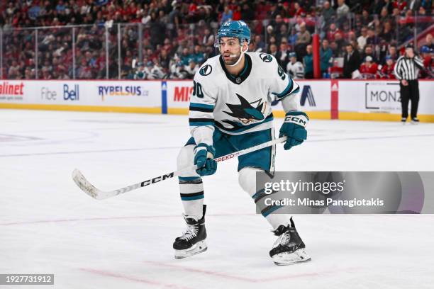 Justin Bailey of the San Jose Sharks skates during the third period against the Montreal Canadiens at the Bell Centre on January 11, 2024 in...