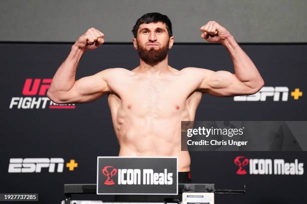 Magomed Ankalaev of Russia poses on the scale at UFC APEX on January 12, 2024 in Las Vegas, Nevada.