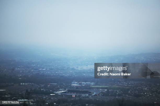 General view of the stadium from a near by hill top ahead of the Premier League match between Burnley FC and Luton Town at Turf Moor on January 12,...