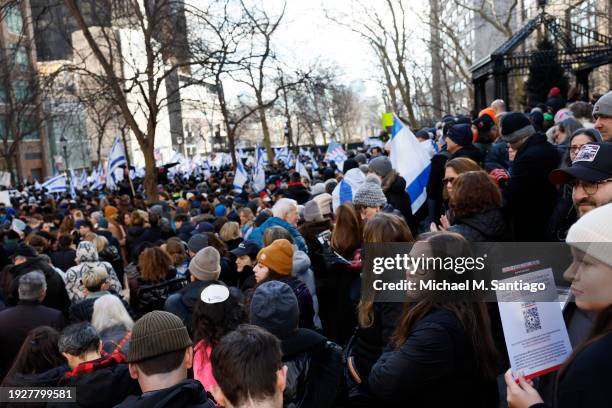 People attend a rally for the release of the hostages kidnapped by Hamas at Dag Hammarskjold Plaza near the UN Headquarters on January 12, 2024 in...