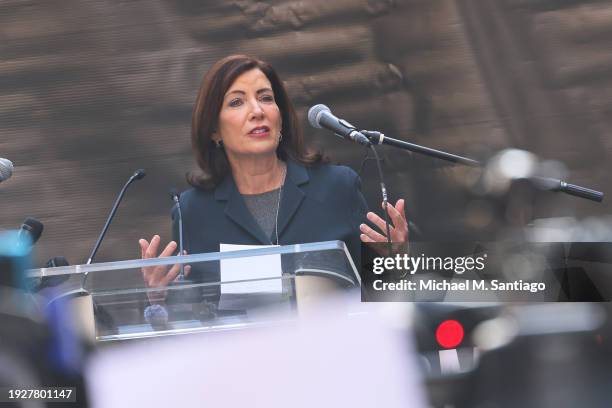 New York Gov. Kathy Hochul speaks during a rally for the release of the hostages kidnapped by Hamas at Dag Hammarskjold Plaza near the UN...