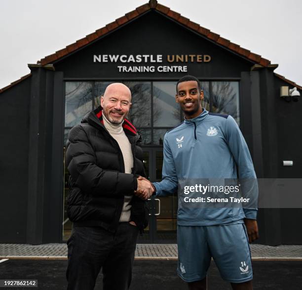 Alexander Isak meets Newcastle United Legend Alan Shearer at the Newcastle United Training Ground on January 11, 2024 in Newcastle upon Tyne, England.