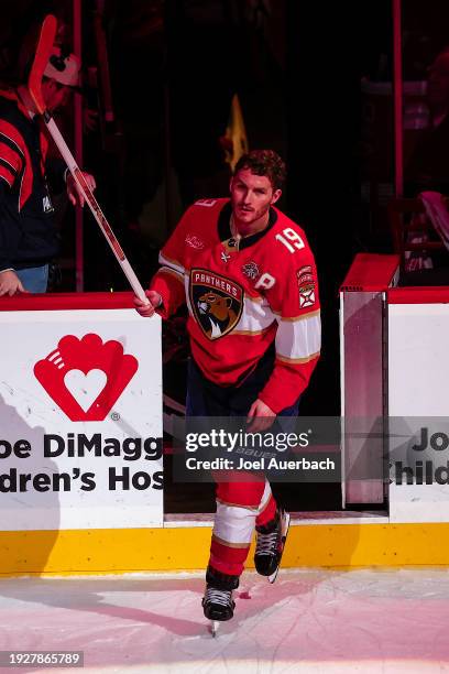 Matthew Tkachuk of the Florida Panthers skates onto the ice after being awarded the second star of the game for his play against the Los Angeles...
