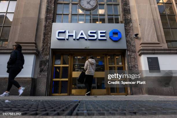 Chase bank branch stands in lower Manhattan on January 12, 2024 in New York City. JPMorgan Chase announced on Friday that their fourth-quarter profit...