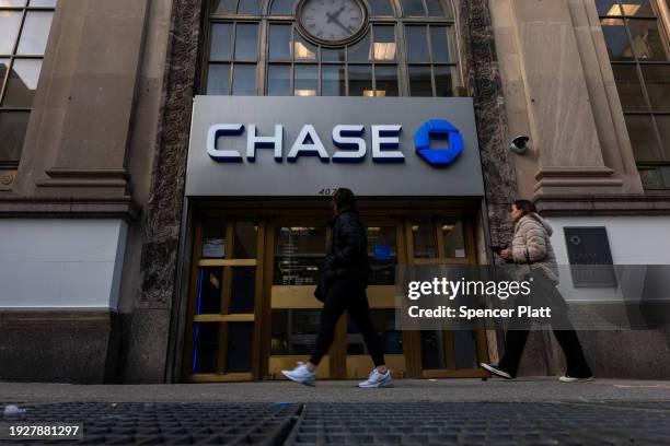 Chase bank branch stands in lower Manhattan on January 12, 2024 in New York City. JPMorgan Chase announced on Friday that their fourth-quarter profit...