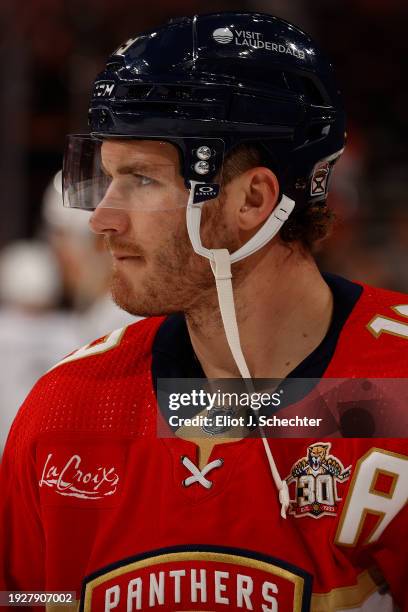 Matthew Tkachuk of the Florida Panthers skates the ice during warm ups prior to the start of their game against the Los Angeles Kings at the Amerant...