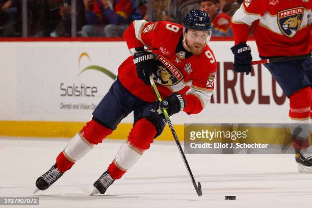 Sam Bennett of the Florida Panthers skates with the puck against the Los Angeles Kings at the Amerant Bank Arena on January 11, 2024 in Sunrise,...