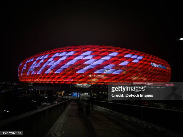 General view outside the stadium prior to the Bundesliga match between FC Bayern München and TSG Hoffenheim at Allianz Arena on January 12, 2024 in...