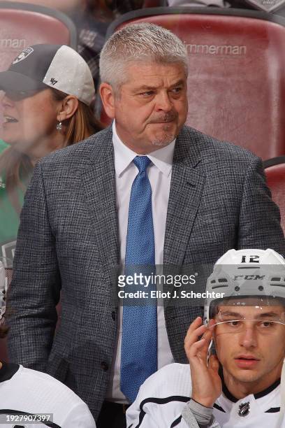 Los Angeles Kings Head Coach Todd McLellan monitors game progress from the bench against the Florida Panthers at the Amerant Bank Arena on January...