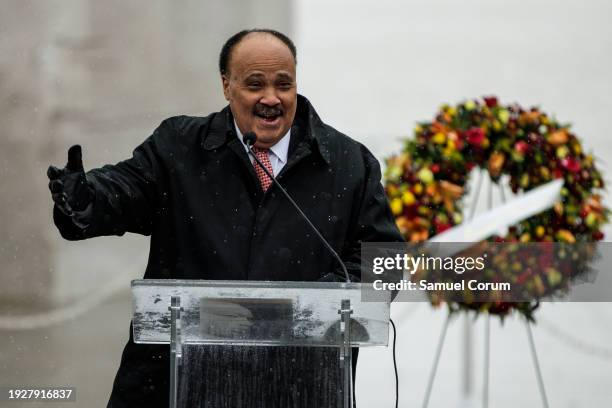 Martin Luther King III, the son of civil rights leader Dr. Martin Luther King Jr., speaks during a wreath-laying ceremony at the Martin Luther King...