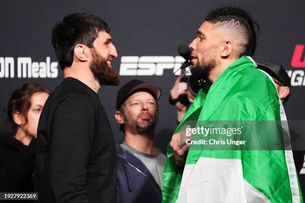 Opponents Magomed Ankalaev of Russia and Johnny Walker of Brazil face off during the UFC Fight Night weigh-in at UFC APEX on January 12, 2024 in Las...