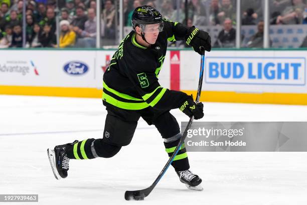 Nils Lundkvist of the Dallas Stars shoots during the third period against the Minnesota Wild at American Airlines Center on January 10, 2024 in...