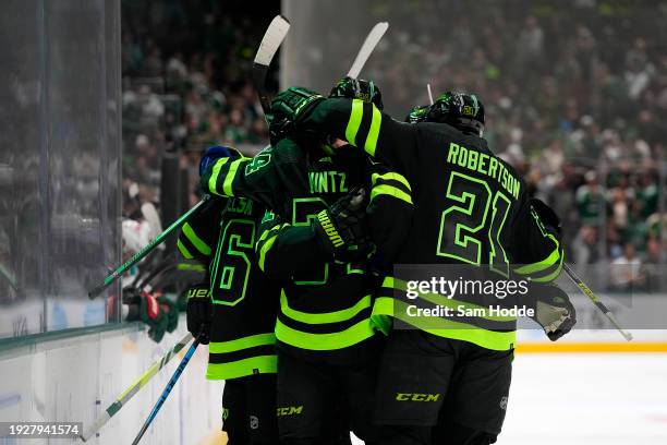 The Dallas Stars celebrate Joe Pavelski's first period goal against the Minnesota Wild at American Airlines Center on January 10, 2024 in Dallas,...