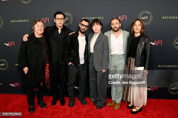 Christine Vachon, Teo Yoo, David Hinojosa, Celine Song, John Magaro and Pamela Koffler attend the AFI Awards Luncheon at Four Seasons Hotel Los...