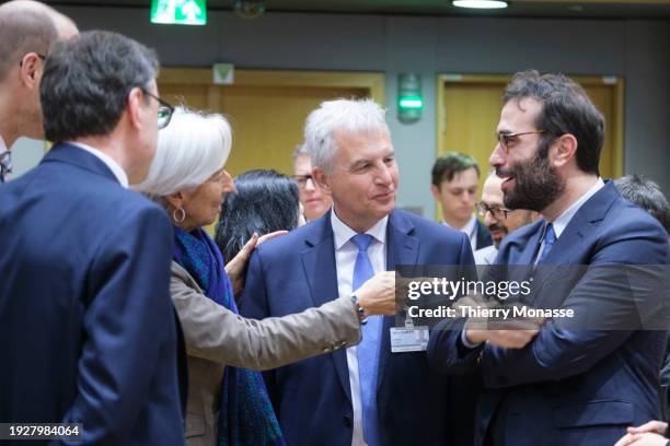 Belgian Finance Minister Vincent Van Peteghem is talking with the Italian Minister Economy & Finance, member of the League Giancarlo Giorgetti, the...