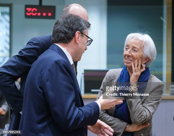 Italian Minister Economy & Finance, member of the League Giancarlo Giorgetti is talking with the Belgian Finance Minister Vincent Van Peteghem and...