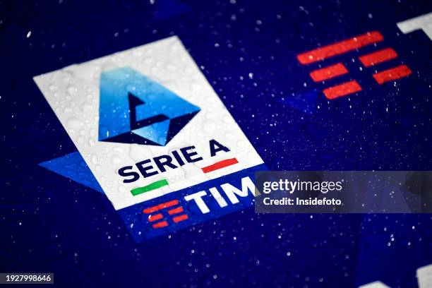 Serie A and Serie A main sponsor Tim, Telecom Italia Mobile, logo is seen on a wet billboard during the Serie A football match between ACF Fiorentina...