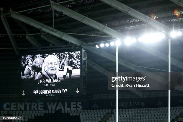 Detailed view of the scoreboard as it displays a memorial message following the recent passing of former Welsh rugby player J. P. R. Williams, prior...