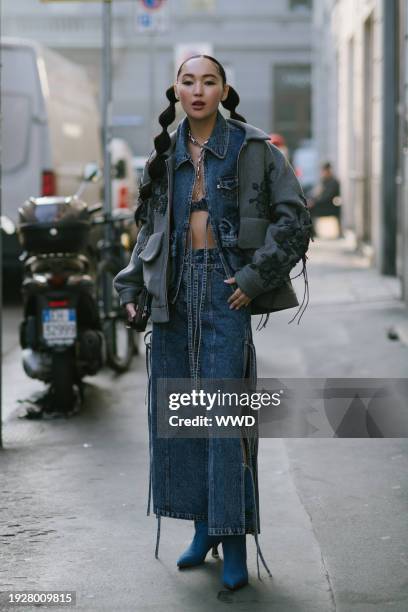 Street style at Milan Men's Fashion Week on January 15, 2024 in Milan, Italy.