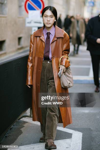 Street style at Milan Men's Fashion Week on January 15, 2024 in Milan, Italy.