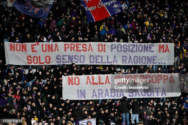 Fiorentina fans show a banner against italian supercup in Saudi Arabia during the Serie A football match between ACF Fiorentina and Udinese Calcio....