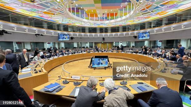 General view of the Eurogroup Finance Ministers Meeting whilst Eurogroup President Paschal Donohoe chairs the meeting in Brussels, Belgium on January...