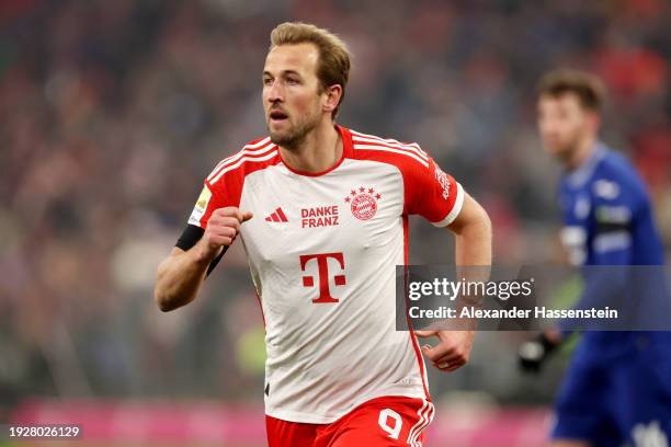 Harry Kane of Bayern Munich looks on during the Bundesliga match between FC Bayern München and TSG Hoffenheim at Allianz Arena on January 12, 2024 in...