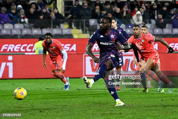Bala Nzola of ACF Fiorentina scores on penalty the goal of 2-2 during the Serie A football match between ACF Fiorentina and Udinese Calcio....