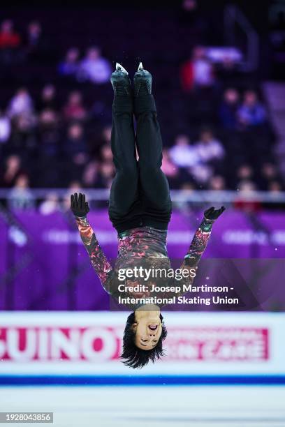 Adam Siao Him Fa of France competes in the Men's Free Skating during the ISU European Figure Skating Championships at Zalgirio Arena on January 12,...