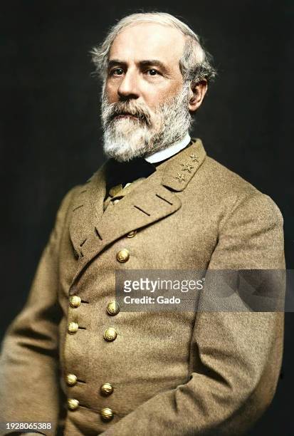 Three quarter length seated portrait of Robert E Lee, 1864. Note: Image has been digitally colorized using a modern process. Colors may not be...