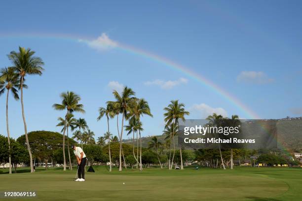 Ludvig Aberg of Sweden putts on the 13th green during the second round of the Sony Open in Hawaii at Waialae Country Club on January 12, 2024 in...