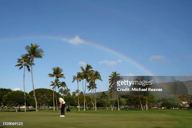Ludvig Aberg of Sweden putts on the 13th green during the second round of the Sony Open in Hawaii at Waialae Country Club on January 12, 2024 in...