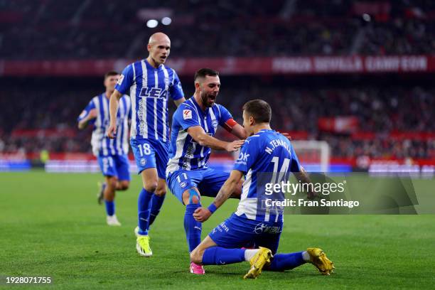 Nahuel Tenaglia of Deportivo Alaves celebrates scoring his team's first goal with teammate Luis Rioja during the LaLiga EA Sports match between...