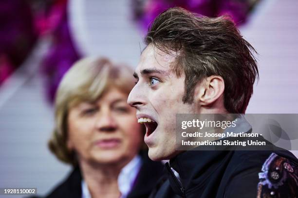 Aleksandr Selevko of Estonia reacts at the kiss and cry in the Men's Free Skating during the ISU European Figure Skating Championships at Zalgirio...