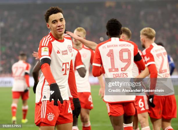 Jamal Musiala of Bayern Munich celebrates after scoring his team's second goal during the Bundesliga match between FC Bayern München and TSG...