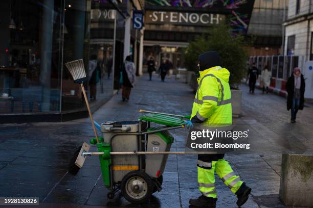 Street cleaner in Glasgow, UK, on Monday, Jan. 15, 2024. The Office of National Statistics will release the latest labour market figures on Tuesday....