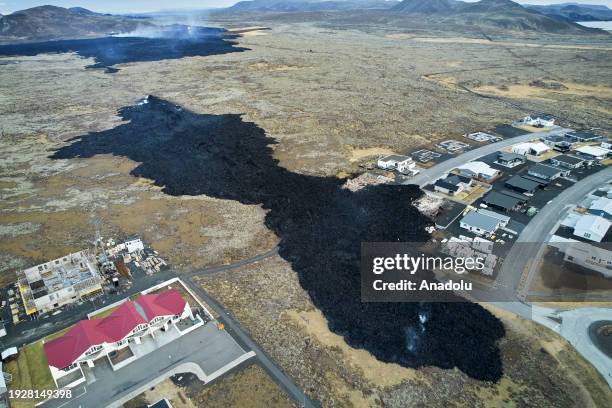 An aerial view of the fissure, which had stopped erupting but claimed three houses in the town of Grindavik in Reykjanes Peninsula, Iceland on...